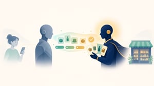Conceptual illustration of agentic commerce showing a user on a smartphone interacting with a personal AI agent, which processes product requests and connects with a merchant AI agent at an online storefront.