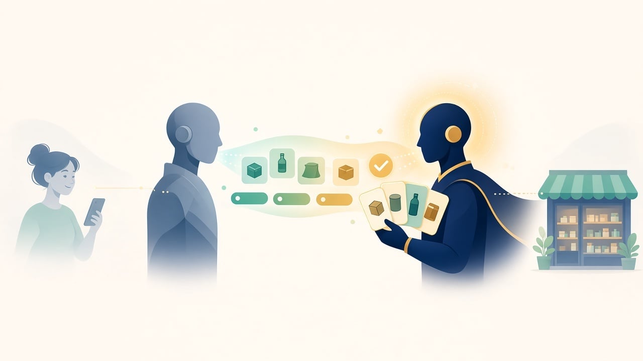 Conceptual illustration of agentic commerce showing a user on a smartphone interacting with a personal AI agent, which processes product requests and connects with a merchant AI agent at an online storefront.