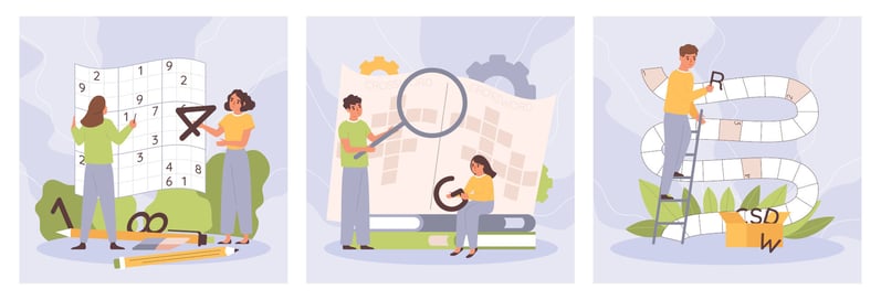 Three squares showing people solving various puzzles.