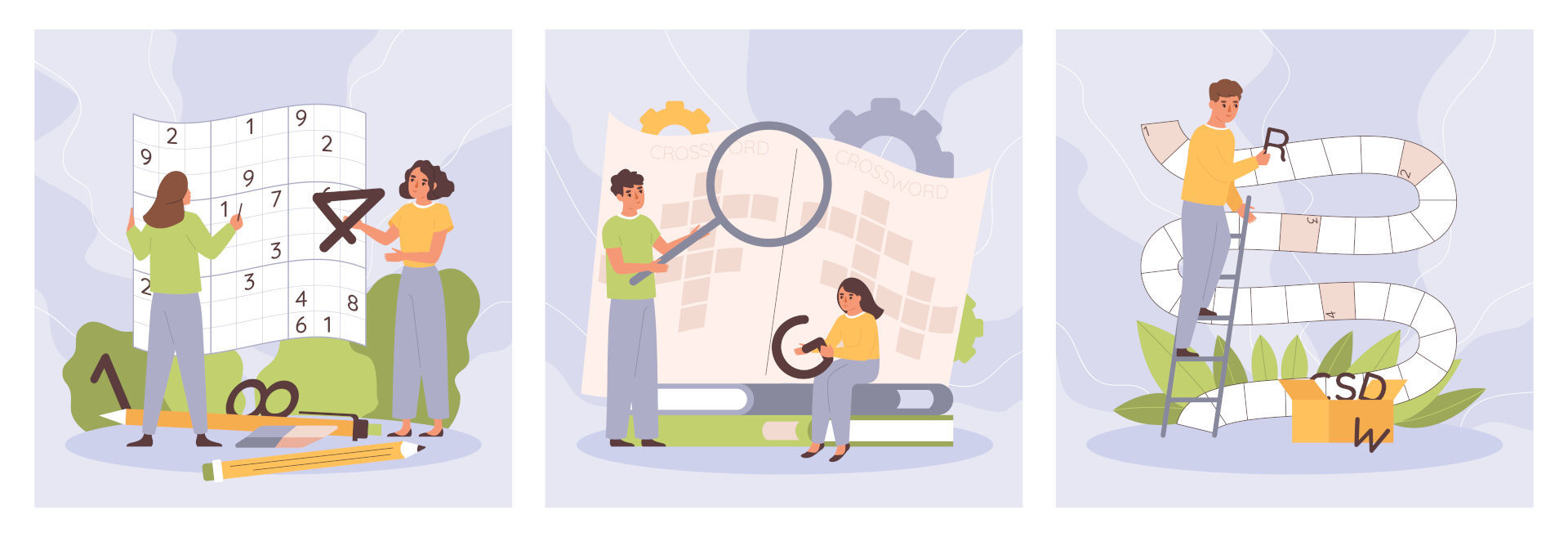 Three squares showing people solving various puzzles.