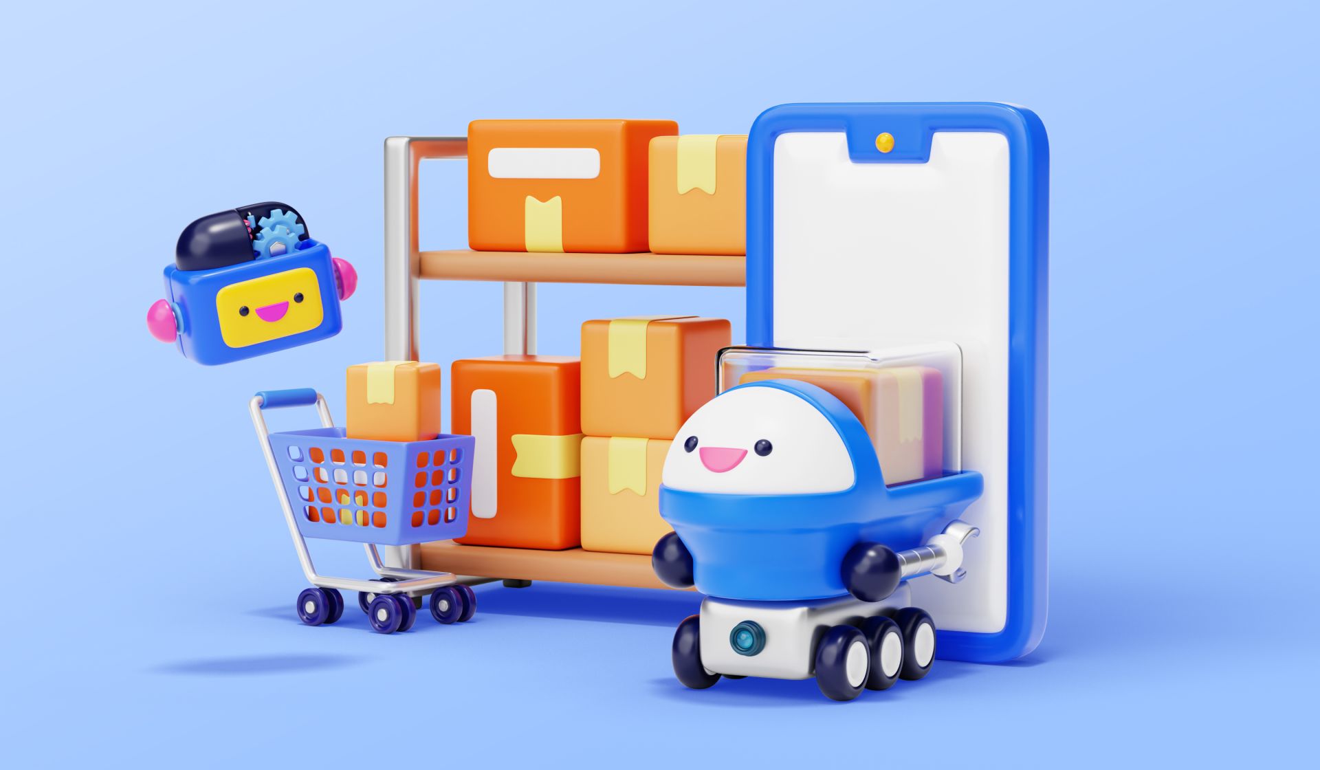 Illustration of a cheerful delivery robot and shopping assistant beside a smartphone, shopping cart, and shelves of packages, representing AI-powered ecommerce and fulfillment.