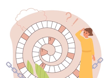 A person trying to solve a crossword puzzle, shaped like a spiral.