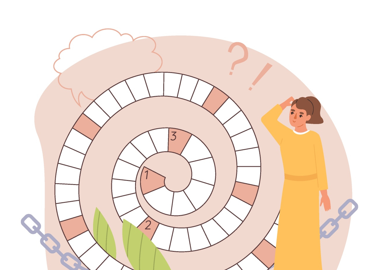 A person trying to solve a crossword puzzle, shaped like a spiral.