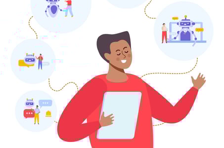 A person surrounded by thought bubbles, showing forms of AI adoption.