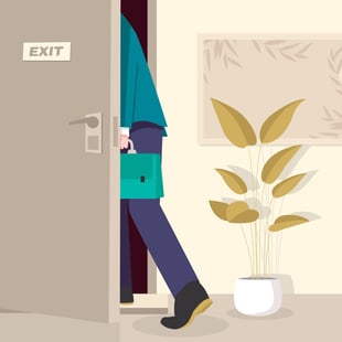 Person in a suit, with a suitcase leaving the location via a door with exit written on it.