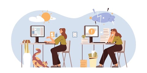 A person sitting by a desk with a computer, first typing a document, then becoming overwhelmed.