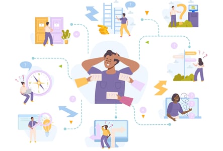 An overwhelmed person in the center, surrounded by a circle of tasks they need to do.