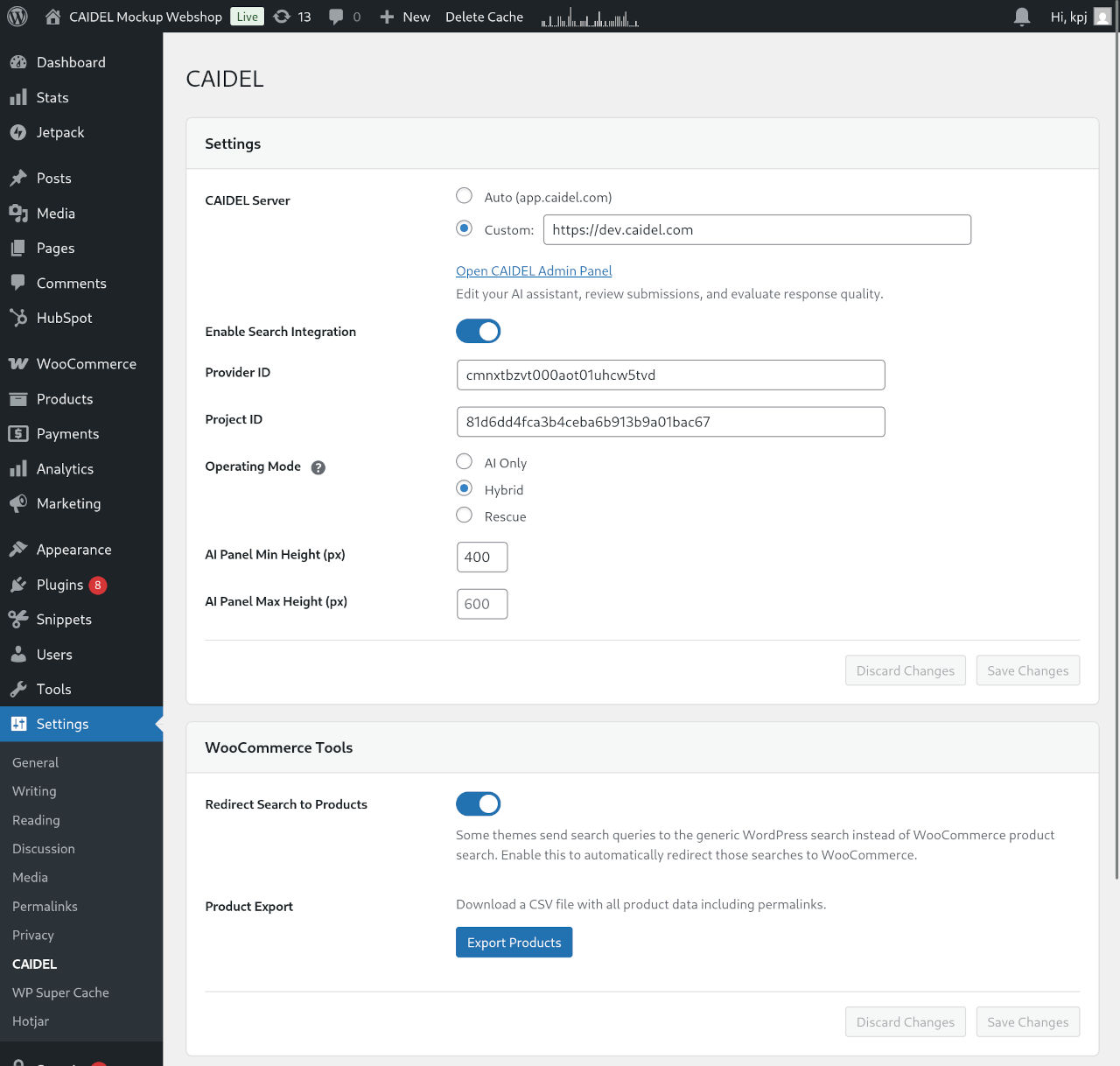 Screenshot of the WordPress Admin Dashboard, with the CAIDEL plugin settings displayed.
