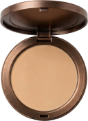 Cosmetic product mockup showing a brown flip-up make up powder case.