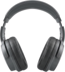 Tech mockup showing dark gray over-ear headphones.