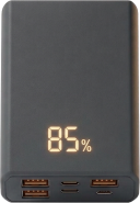 Tech mockup showing a dark gray powerbank. The top is shown, showing 85% capacity, and the connector side showing various usb ports.