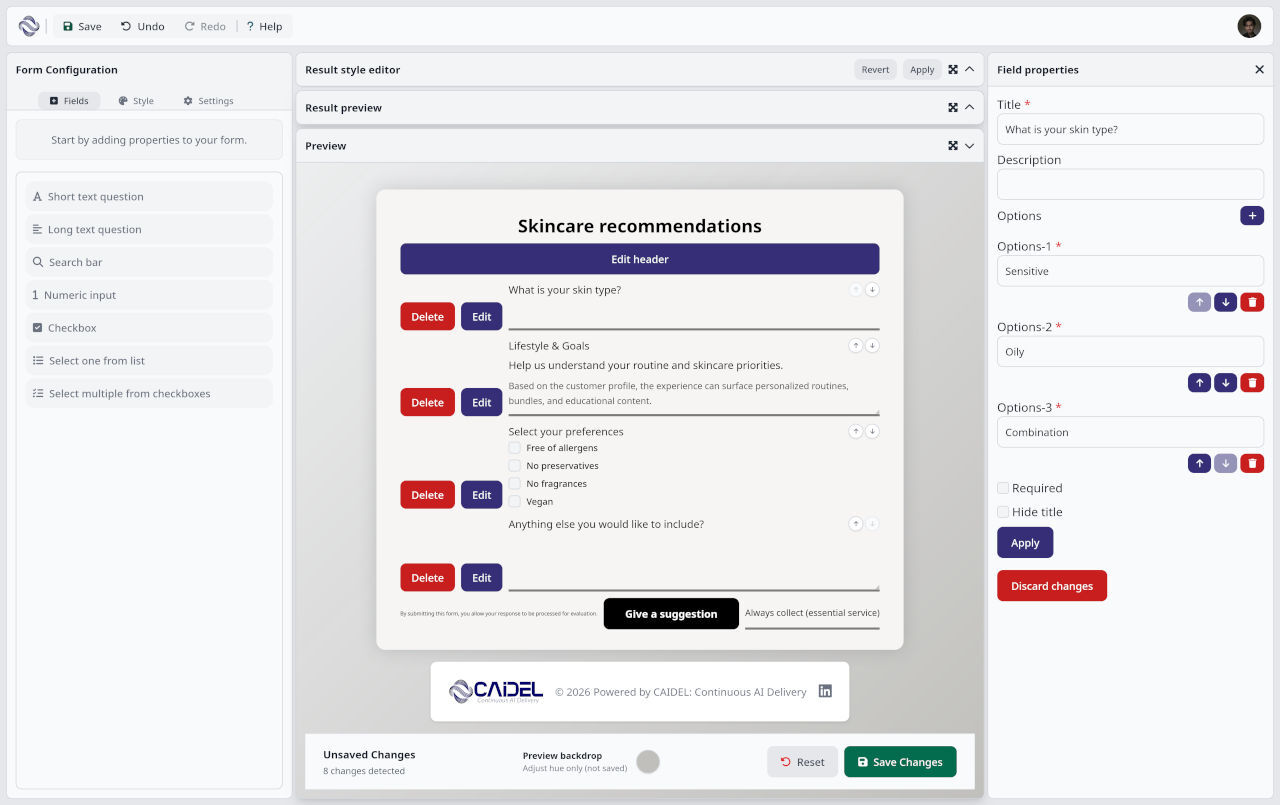 A screenshot of the CAIDEL visual form editor.
