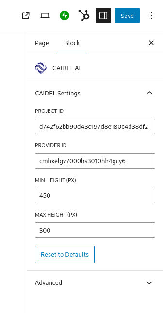 A subsection of the WordPress Page Editor, showing the CAIDEL plugin in the block browse panel.
