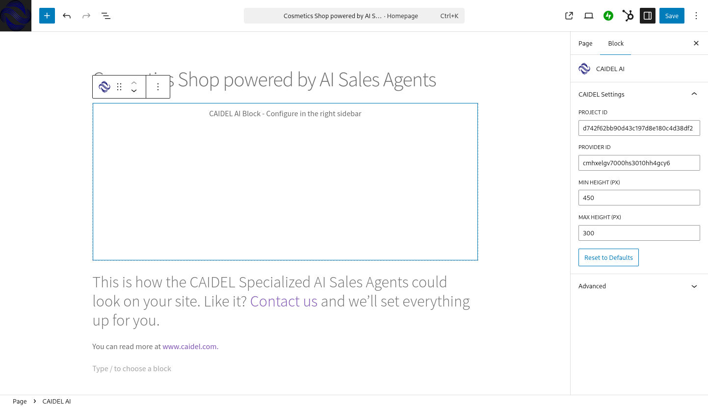 The compolete WordPress Page Editor, showing the page in the centre and the CAIDEL settings panel on the right.