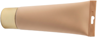 Een voorbeeld van een cosmetisch product, waarin een kleine, donkerbruine tube te zien is.
