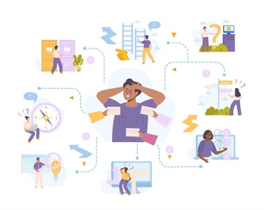 A person, overwhelmed by many tasks.